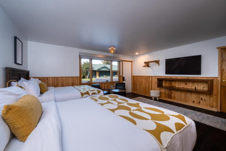 Two beds in a room with wood paneling and a tv.