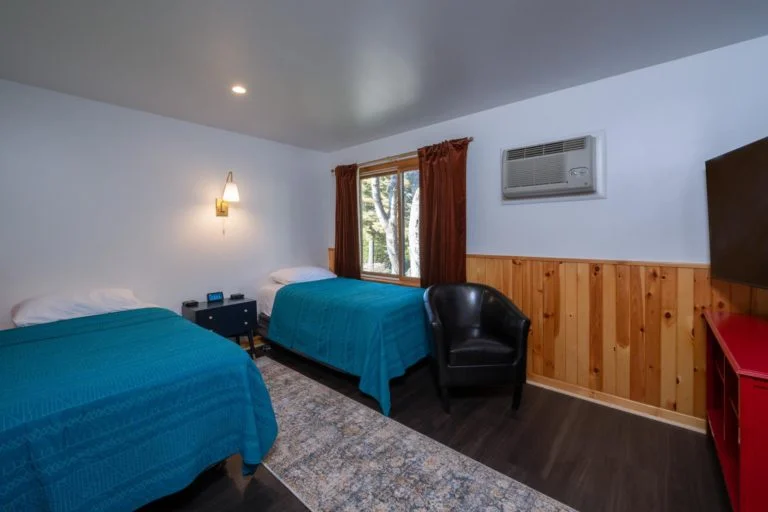 Two beds in a room with wood paneling and a tv.