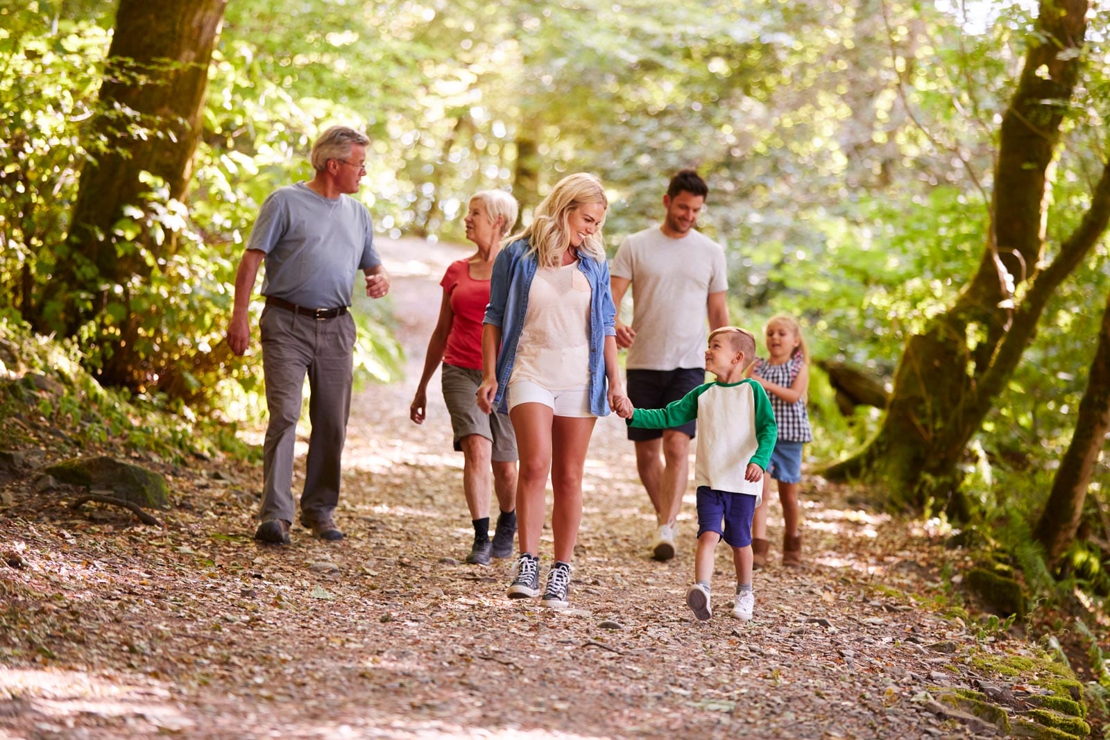 A family walking on a trail in the woods.