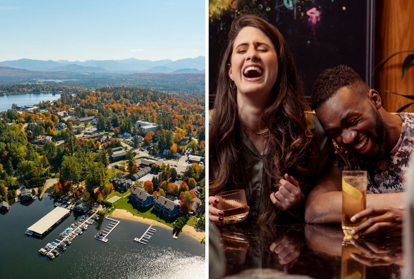 Split image: left side shows an aerial view of a lakeside town with docks and autumn trees; right side features two people laughing together at a bar with drinks, perfect for enjoying a Romance Package getaway.