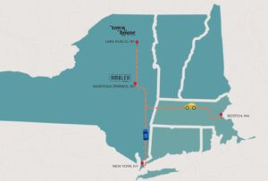 A map showing a route from Boston, MA to Lake Placid, NY via Saratoga Springs, NY and New York, NY, with icons of cars and labeled locations—perfect for planning a Bonus Night stop in charming Saratoga.