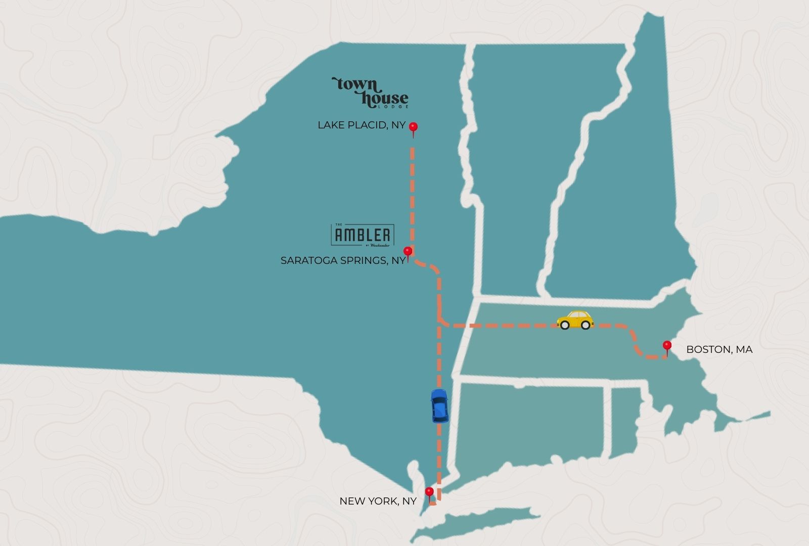 A map showing a route from Boston, MA to Lake Placid, NY via Saratoga Springs, NY and New York, NY, with icons of cars and labeled locations—perfect for planning a Bonus Night stop in charming Saratoga.